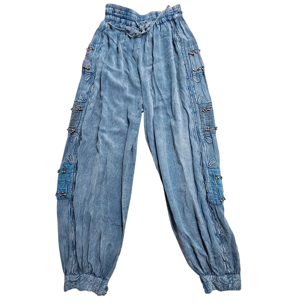 Geeta Harem Pants Women Free Size Blue Beaded Cargo Boho Genie Joggers Jingle